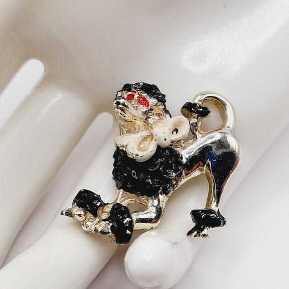 Vintage 1950s Poodle Brooch - 1 1/4 Inch - Black White Red Enamel - Gold Tone - Picture 2 of 7